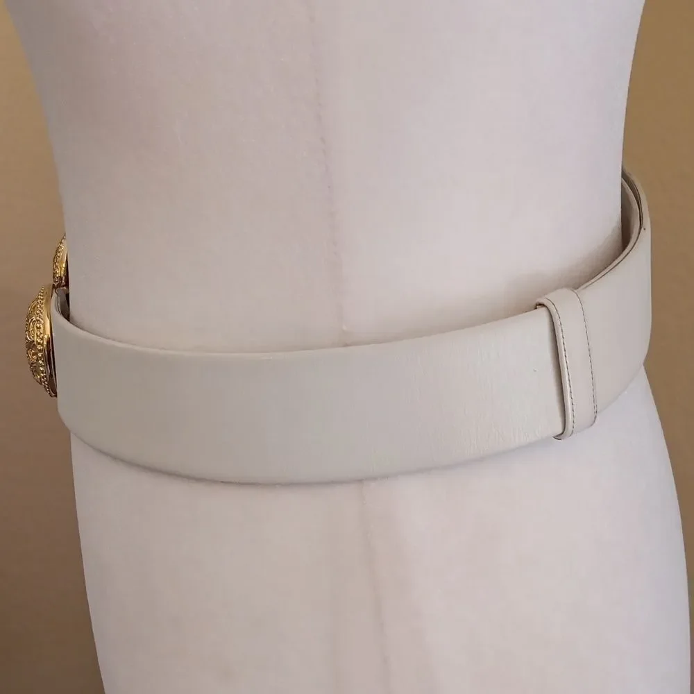 Vintage Judith Leiber Gold Embellished Women's Adjustable White Leather Belt.